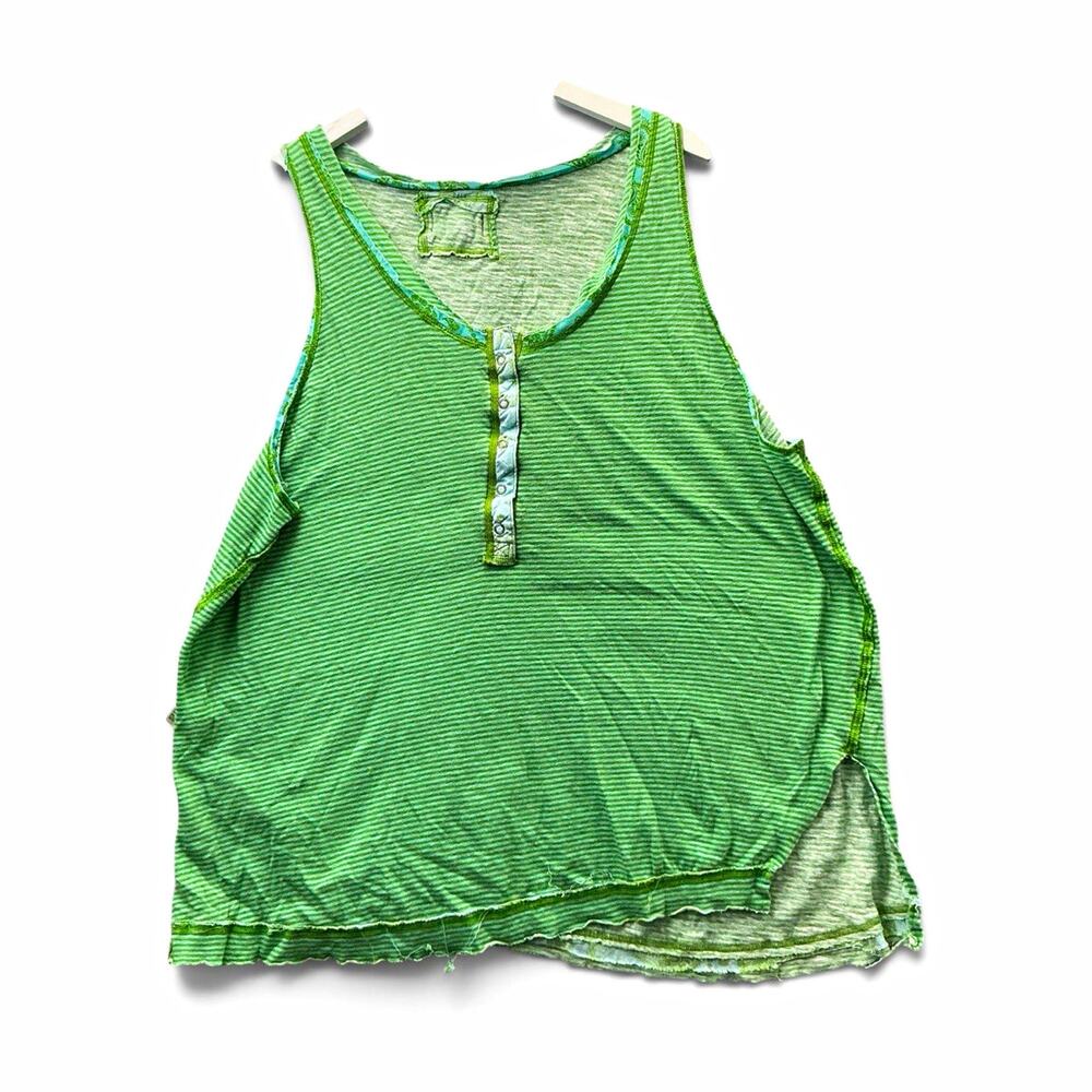 We The Free Women’s XL Green Blue Striped Henley Sleeveless Linen Cotton Tank